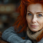 a woman with red hair and blue eyes